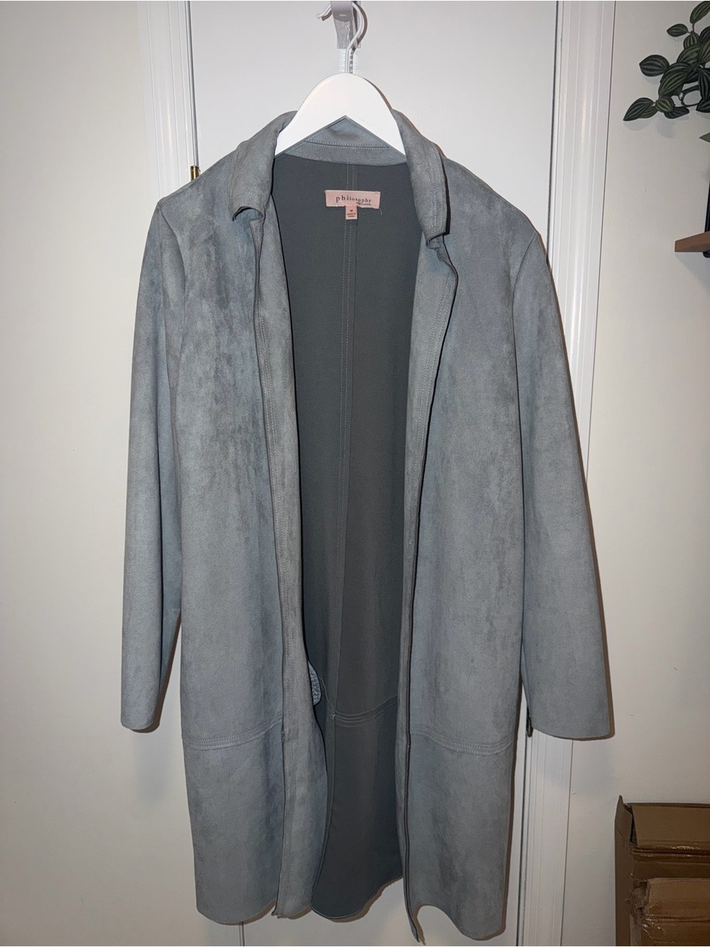 Philosophy light gray/blue open-front suede duster coat